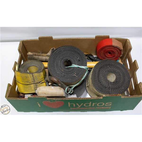 BOX OF HEAVY DUTY TIE STRAPS AND SMALL HAND TOOLS