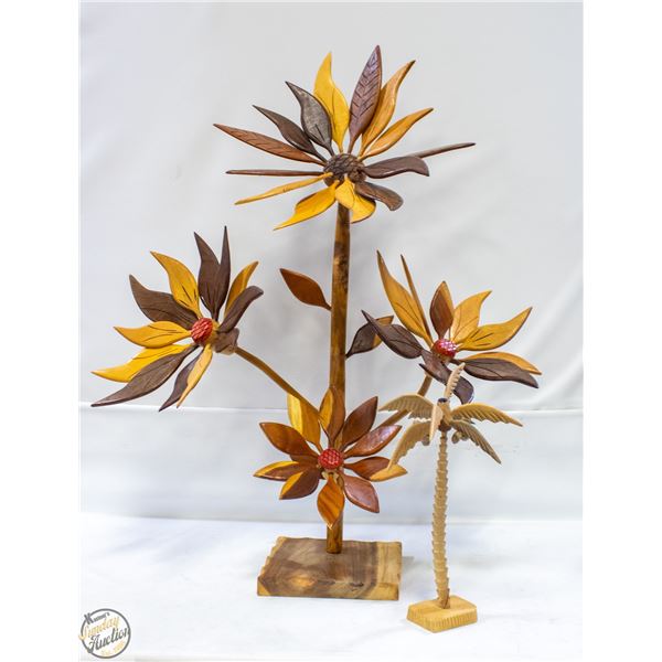 35" HANDCRAFTED WOODEN FLORAL SCULPTURE &