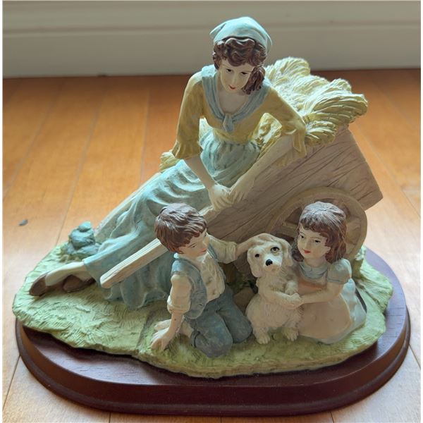 Painted Resin Figurine of Woman, Children, Dog, and Cart on Wood Base