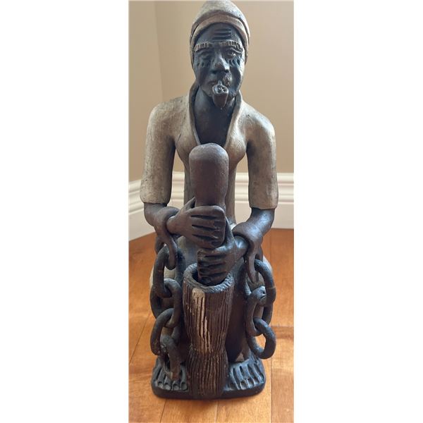 African Carved Wooden Statue With Chains And Pipe, 15.5"
