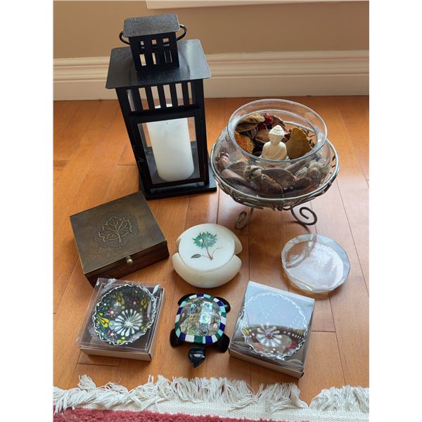 Decorative Home Decor Lot: Lantern, Coaster Sets, Glass Bowl, Art Glass, and Trinket Box