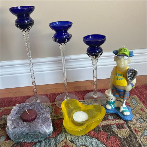 Lot: Glass Candle Holders, Amethyst Candle Holder, Yellow Glass Holder, Pool Boy Candle