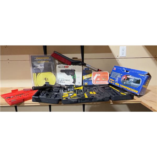 Hand Tools, Power XT Electric Drill, and Air Compressor