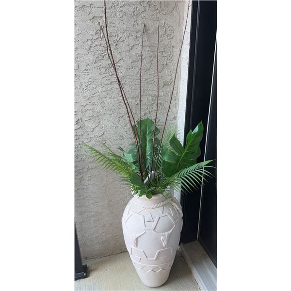 Large Artificial Plant in Decorative Pot with Embossed Longhorn Motif