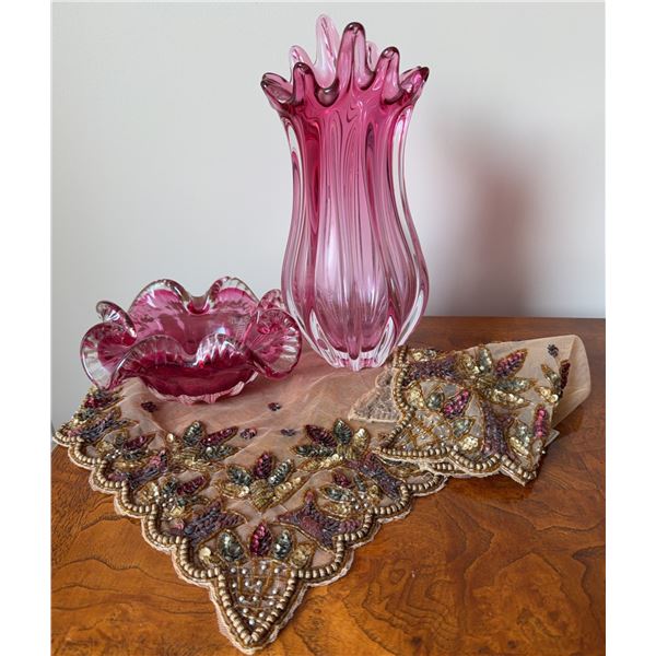 Pink Art Glass Vase, Bowl, and Beaded Mesh Textile Lot