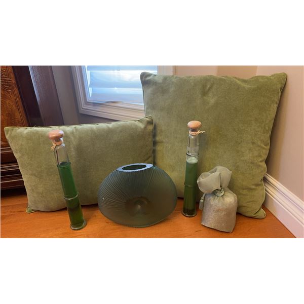 Green Home Decor Lot With Pillows, Vase, Bottles, Gift Bag