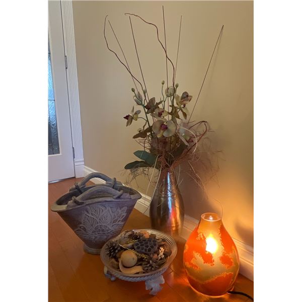 Decorative Home Accessories Lot: Glass Lamp, Metal Stand, Planter, Bowl, and Vase