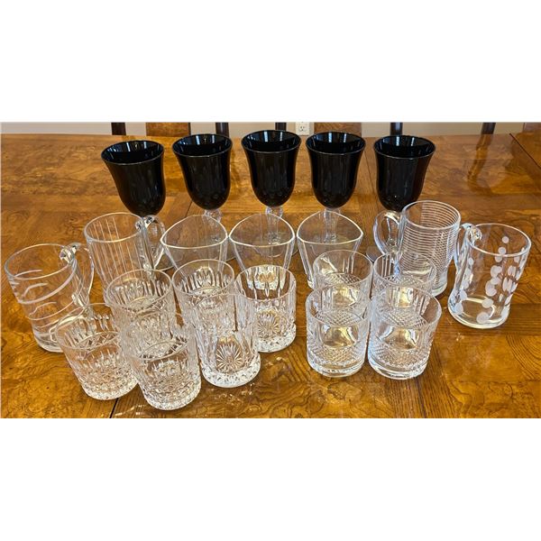 Glassware Set Including Black Goblets and Whiskey Glasses