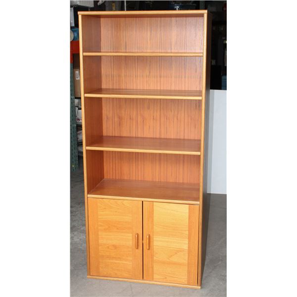 TEAK FINISH BOOKCASE, 4 OPEN SHELVES AND LOWER