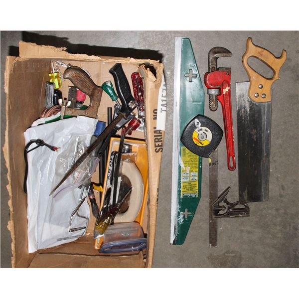 BOX OF ASSORTED HAND TOOLS INCLUDING FULLER 14"