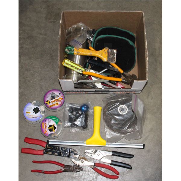 BOX OF ASSORTED HAND TOOLS AND MORE INCLUDING