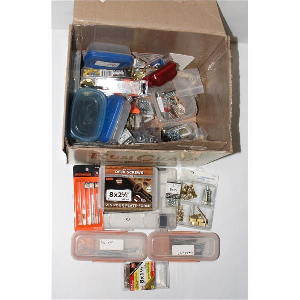 BOX OF MISC. HARDWARE AND FASTENERS