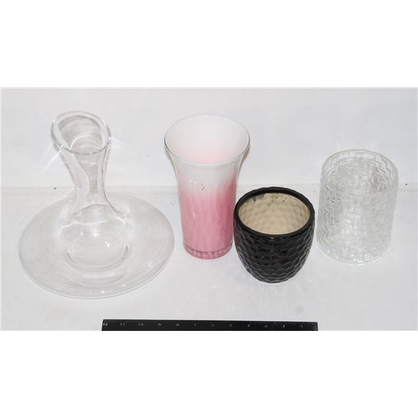 ASSORTED GLASS FLOWER VASES, CERAMIC POT