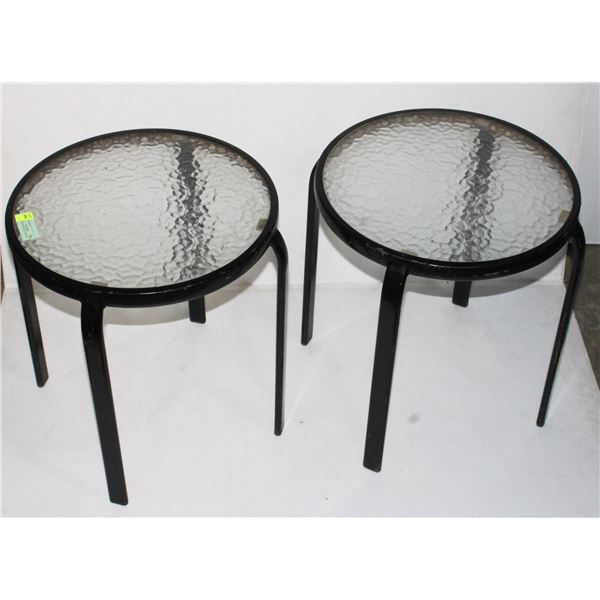 PAIR OF OUTDOOR GLASS SIDE TABLES