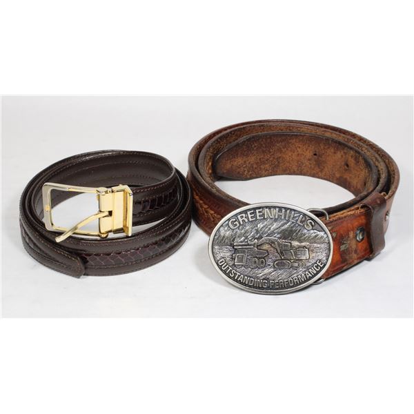 TWO LEATHER BELTS. DRESS BELT IS SIZE 40 AND