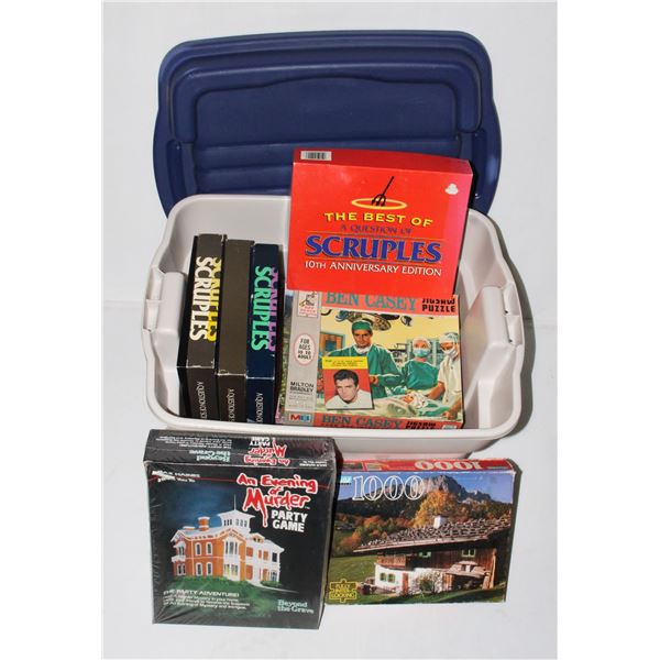 TOTE (WITH LID) OF BOARD GAMES AND PUZZLES.