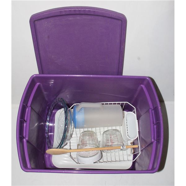 TOTE (WITH LID) FULL OF KITCHEN SUPPLIES