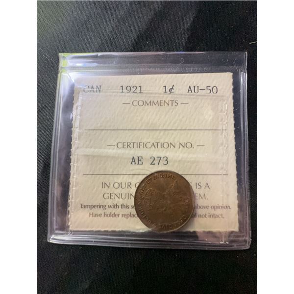 1921 Canada One Cent Coin ICCS AU-50 Certified