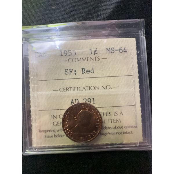 1955 Canadian 1 Cent Coin ICCS MS-64 Red SF