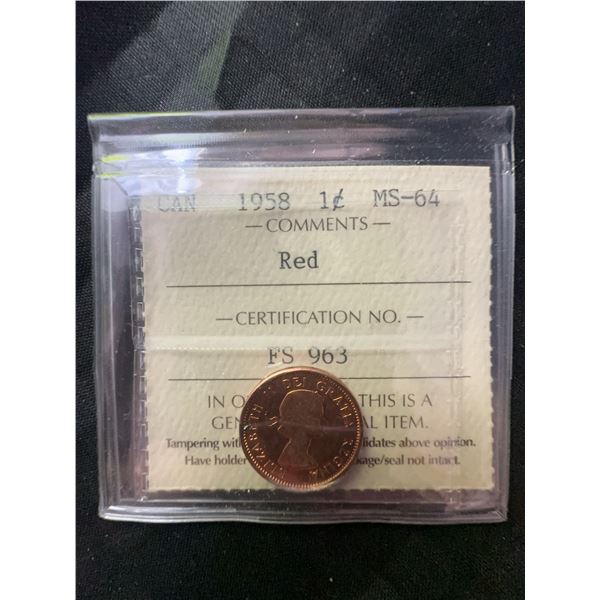1958 Canadian 1 Cent ICCS MS-64 Red Certified Coin