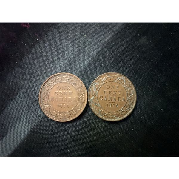 1916 Canada King George V One Cent Coins, Pair