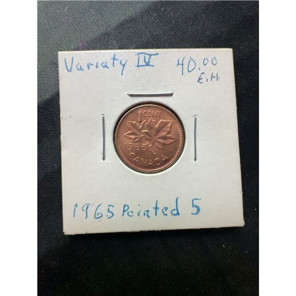 1965 Canadian 1 Cent Coin, Pointed 5 Variety