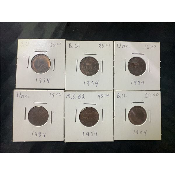 1934 Canadian One Cent Coins, 6pcs, BU & Uncirculated