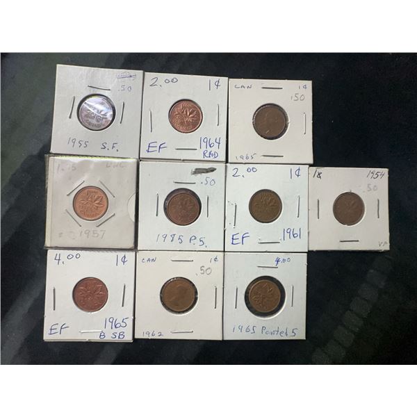 10 Canadian One Cent Coins 1954-1965