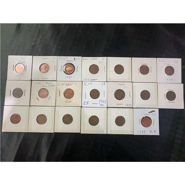 18 Canadian One Cent Coins 1953–1987 In Cardboard Holders
