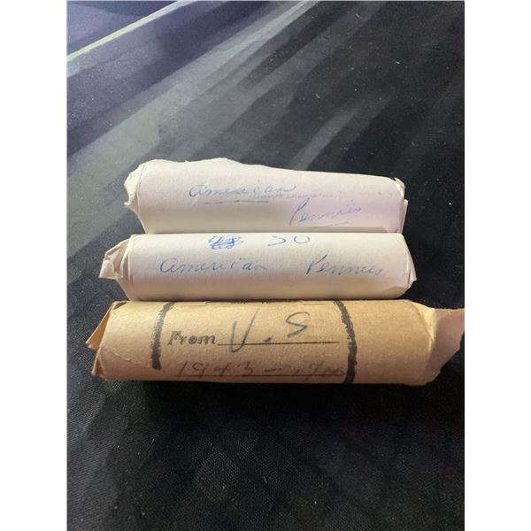 Three Rolls of U.S. Pennies, Assorted Years 1900–1960s+