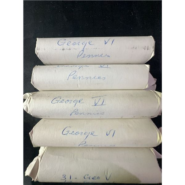 Four Rolls of 50 George VI Canadian Pennies and One Roll Mixed George V/VI Pennies