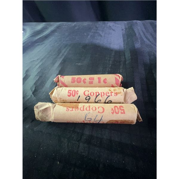 3 Rolls Canadian Cents: 1964, 1966, 1980s-90s, 50 Coins Each