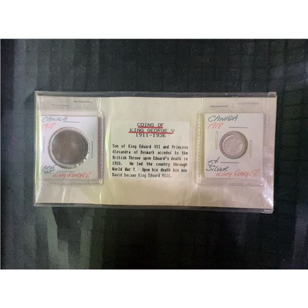 1918 Canada King George V Large Cent and 5¢ Silver Coin Pair