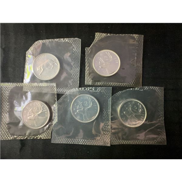 5 Canadian 25-Cent Silver Quarters 1963-1967 60% Silver