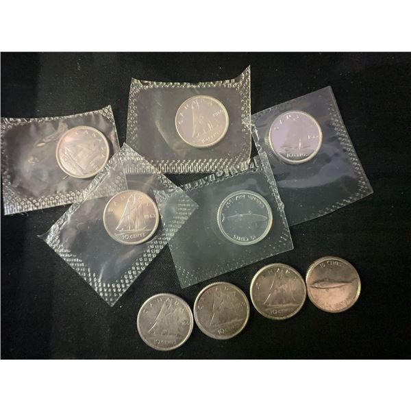 9 Canadian 80% Silver Dimes, Mixed Dates, 20.97g