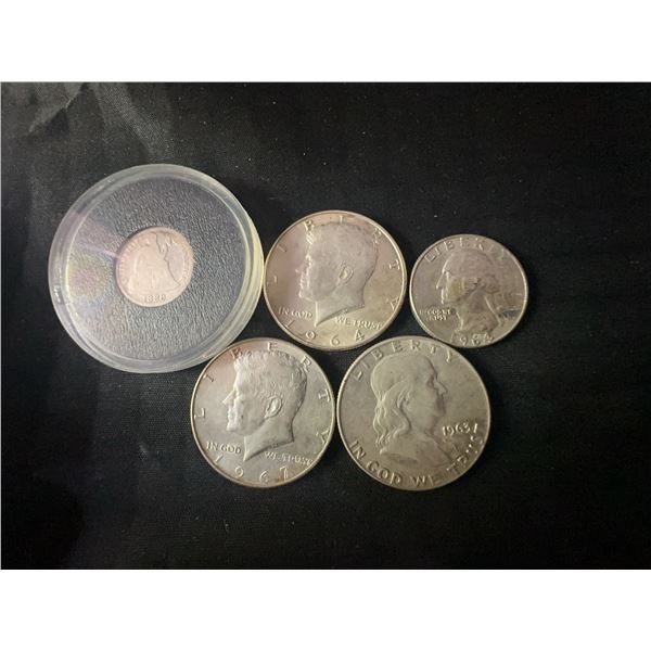 U.S. 90% Silver Coins, 45.5g, Mixed Years, Half Dollars & Dime