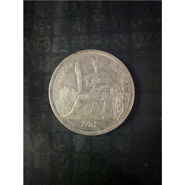 1921 French Indochina Piastre de Commerce .900 Silver Coin, 27g