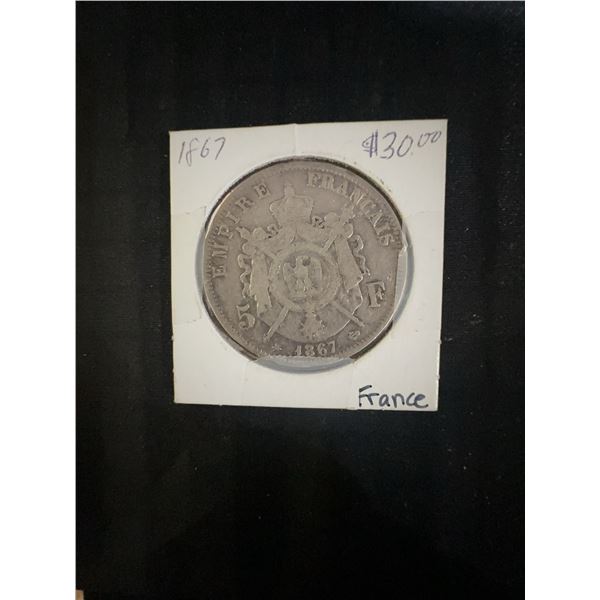 1867-A France 5 Francs Coin, 90% Silver, 25g