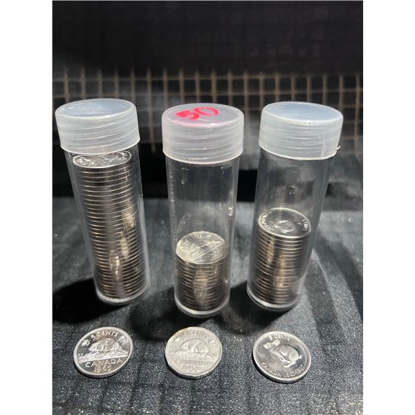 Lot: 2 Rolls Assorted Canadian Dimes, 1 Roll 1950 Dimes, 344g