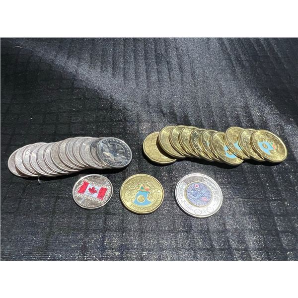 Canadian Coloured Circulation Coins Lot, Loonie, Toonie, Quarter
