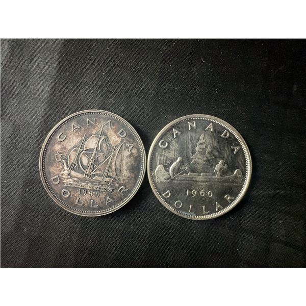 .800 Silver Canadian Dollar Coins, 1949 and 1960, 46g