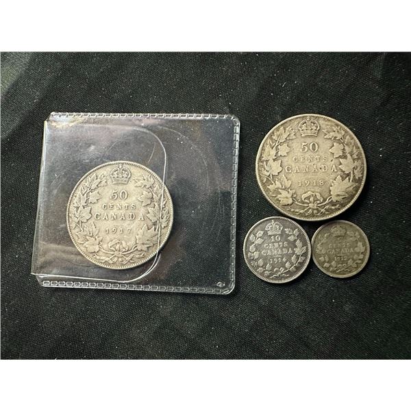 Pre-1919 Canadian .925 Silver Coins: 2 Half Dollars, Dime, 5 Cent