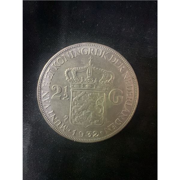 1932 Netherlands 2½ Gulden .720 Silver Coin, Deep Hair Variety, 26g