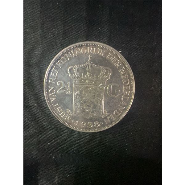 1938 Netherlands 2 1/2 G, .720 Silver Coin, 26g