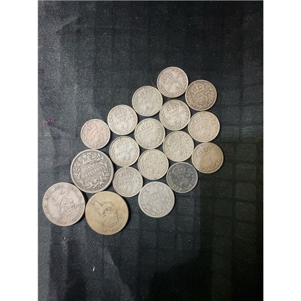 Pre-1919 British .925 Silver 3 Pence, 6 Pence, and One Shilling Coins, 38g