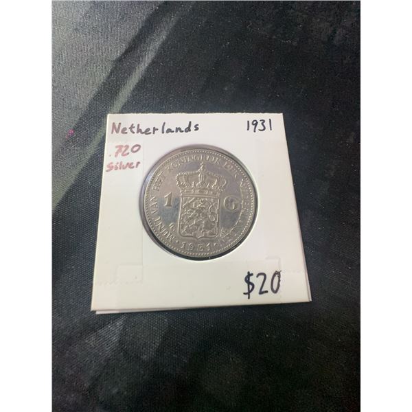 1931 Netherlands 1 Gulden Silver Coin, .720 Silver, 10g