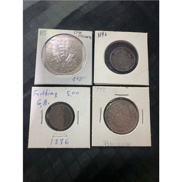 Four British Coins: 1977 Crown, 1896 Shilling, 1886 Farthing, 1949 Shilling
