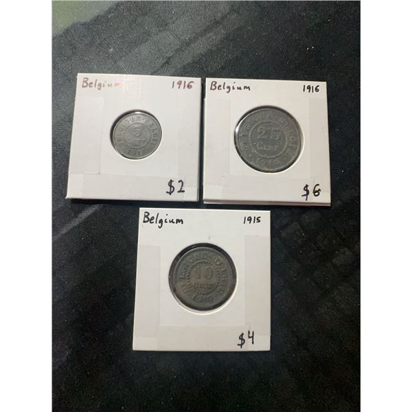 Belgium 5, 10, and 25 Centimes Coins 1915-1916 Lot of 3