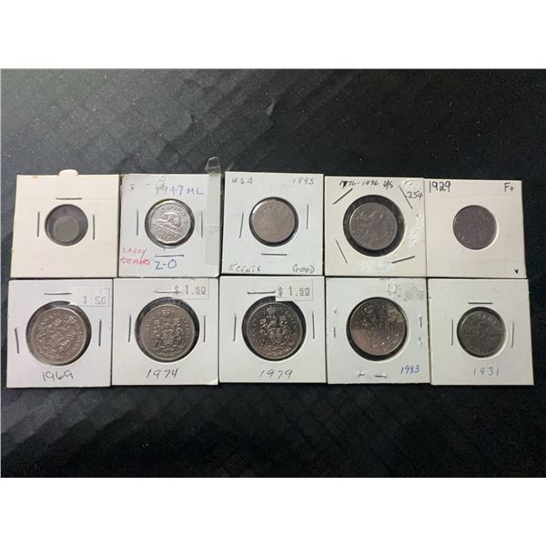 10 Coins: 2 Shillings, Canadian Half Dollars, Nickels, U.S. Coins