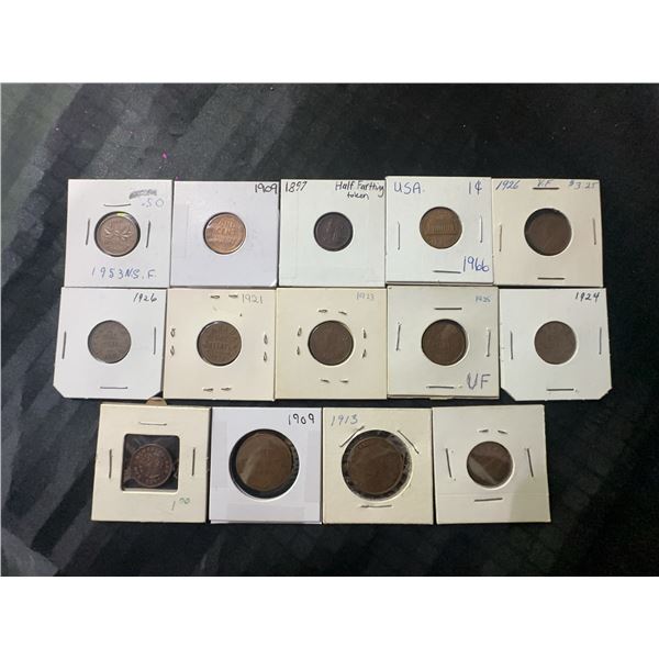14 Canadian And U.S. Pennies, Various Dates On Card